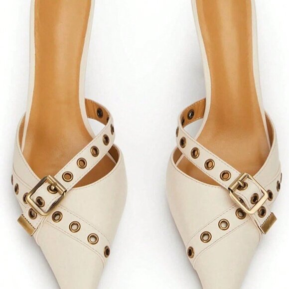 White Elegant Women's Pointed Toe Mules Pumps - Picture 5 of 10